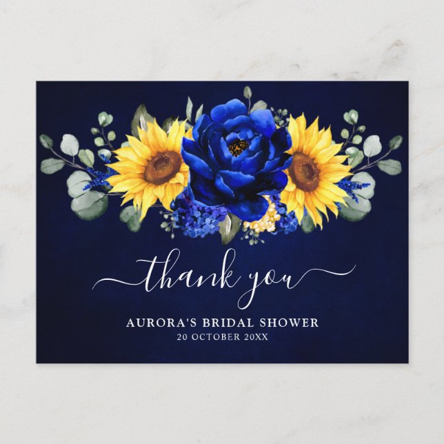 Royal Blue Sunflower Bridal Shower Thank you Postc Postcard (Front)