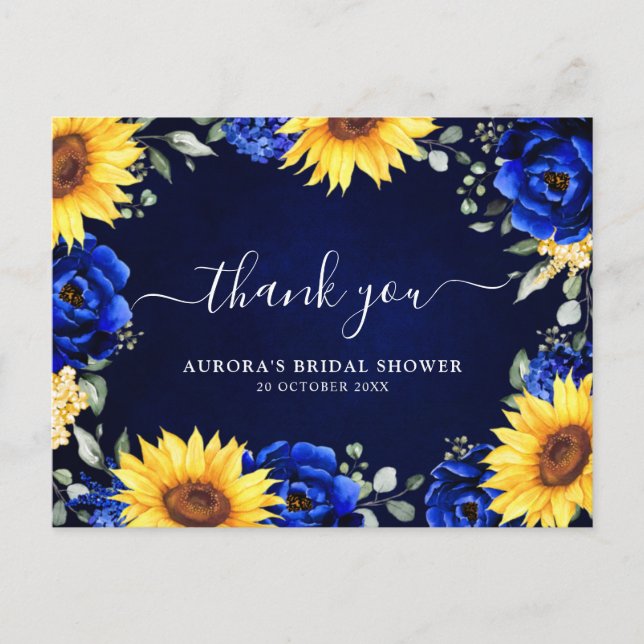 Royal Blue Sunflower Bridal Shower Thank you Postc Postcard (Front)