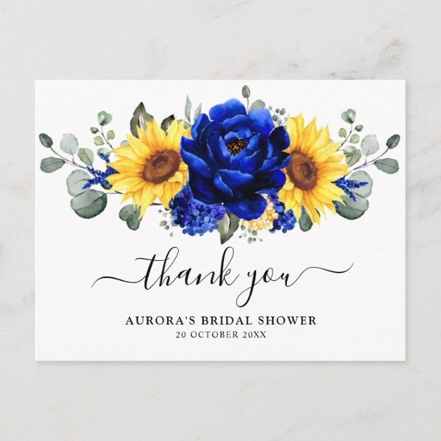 Royal Blue Sunflower Bridal Shower Thank you Postcard (Front)