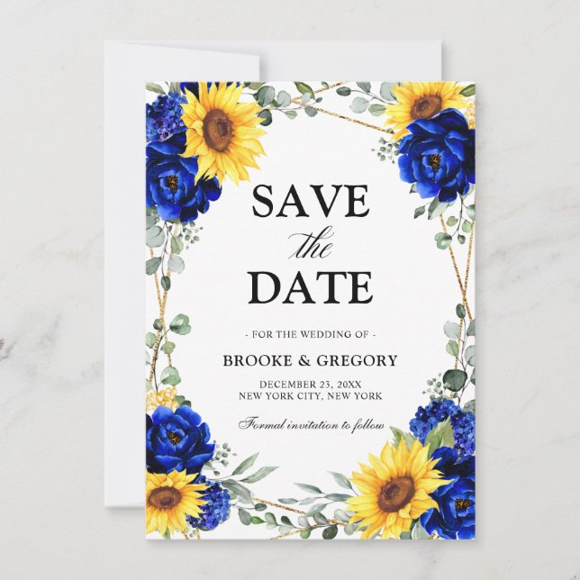 Royal Blue Sunflower Geometric Save the date (Front)