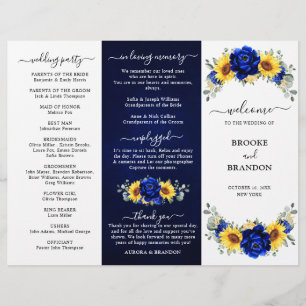 Royal Blue Sunflower Wedding Tri-fold Program card