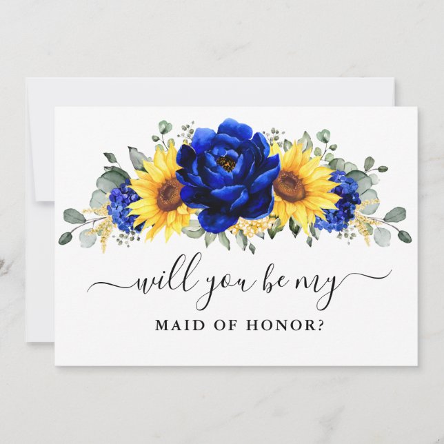 Royal Blue Sunflower Will you be my Maid of Honour Invitation (Front)