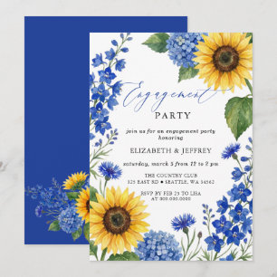Royal Blue Sunflowers Floral Engagement Party Invitation
