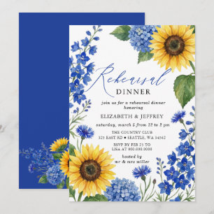 Royal Blue Sunflowers Floral Rehearsal Dinner  Invitation