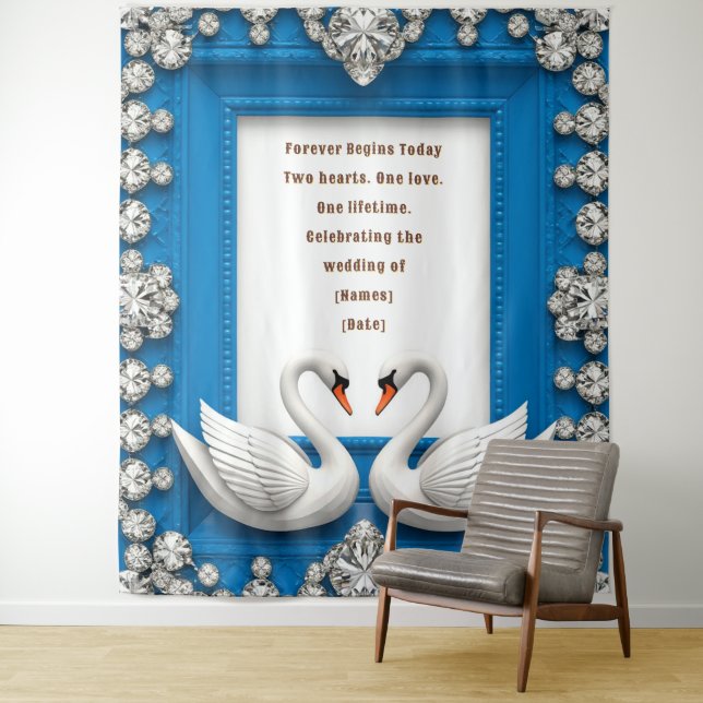 Royal Blue Swan Heart Wedding Backdrop Theme Tapestry (In Situ)