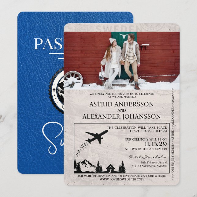 Royal Blue Sweden Passport Wedding Invitation (Front/Back)