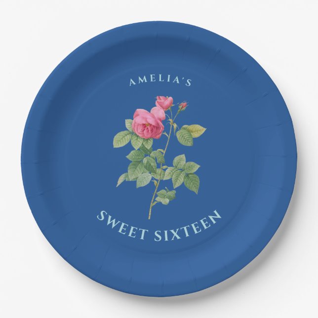 Royal Blue Sweet 16 Floral Paper Plate (Front)