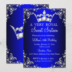 Royal Blue Sweet 16 Silver Pearl Damask crown Invitation