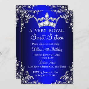 Royal Blue Sweet 16 Silver Pearl Damask crown Invitation
