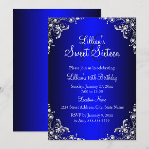 Royal Blue Sweet 16 Silver Pearl Damask Invitation