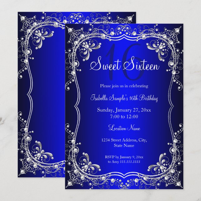 Royal Blue Sweet 16 Silver Pearl Damask party Invitation (Front/Back)
