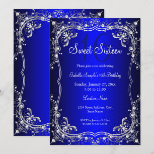 Royal Blue Sweet 16 Silver Pearl Damask party Invitation