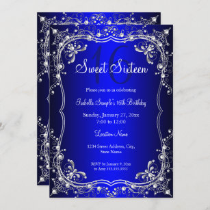 Royal Blue Sweet 16 Silver Pearl Damask party Invitation