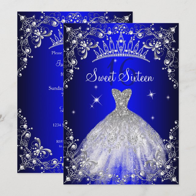 Royal Blue Sweet 16 Silver Pearl Dress party Invitation (Front/Back)