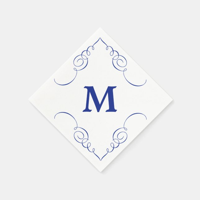 Royal Blue Swirl Border Monogram All Occasion Napkin (Corner)
