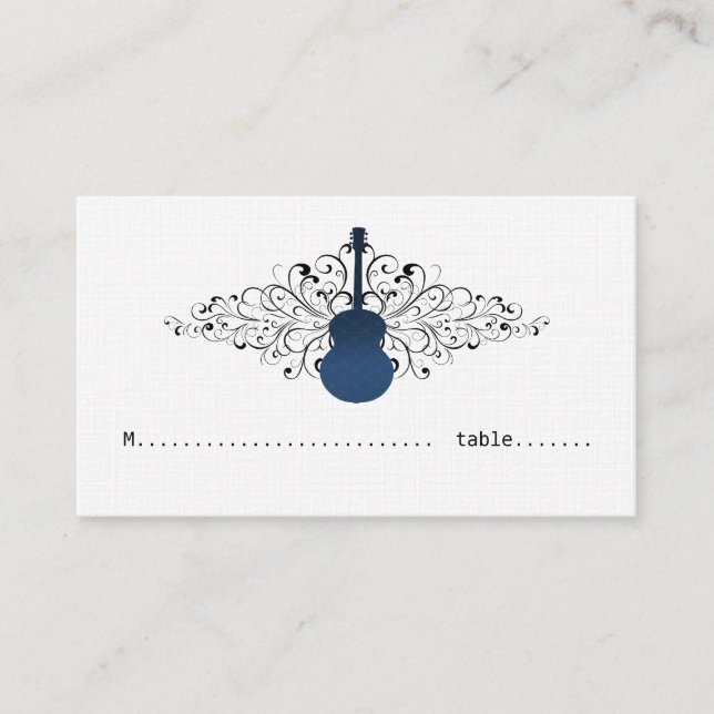 Royal Blue Swirls Guitar Place Card (Front)