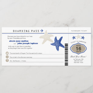 Royal Blue Tan Starfish Boarding Pass Wedding Invitation