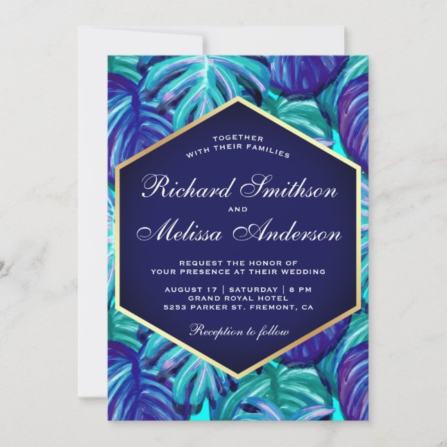 Royal Blue Teal Gold Foil Tropical Leaves Wedding Invitation (Front)