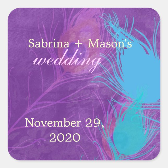 Royal Blue, Teal, Purple Peacock Wedding Square Sticker (Front)