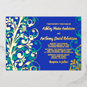 Royal Blue Teal Real Gold Foil Floral Wedding