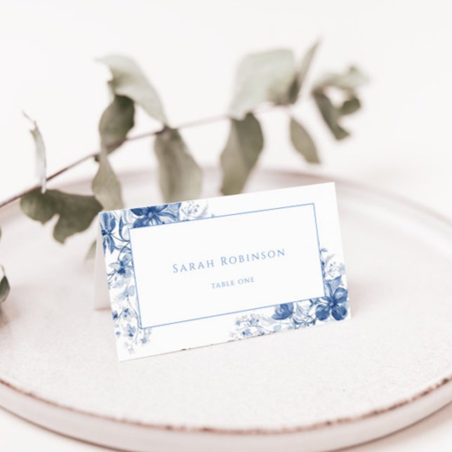 Royal Blue Toile Floral Folded Wedding Place Card (Creator Uploaded)