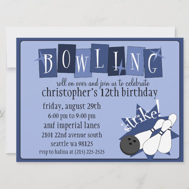 Royal Blue Totally Retro Bowling Birthday Party Invitation (Front)