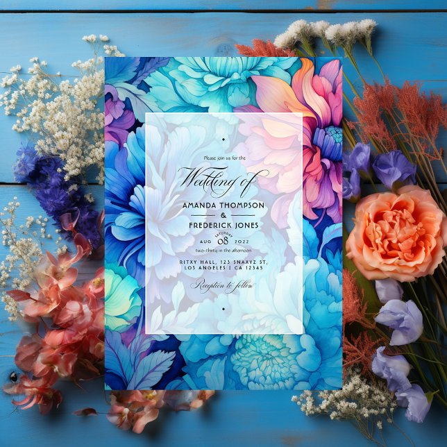 Royal Blue, Turquoise and Coral Floral Wedding Invitation (Creator Uploaded)
