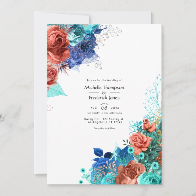 Royal Blue, Turquoise and Coral Floral Wedding Invitation (Front)