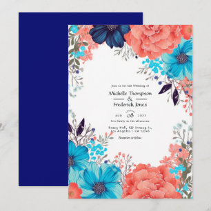 Royal Blue, Turquoise and Coral Floral Wedding Invitation