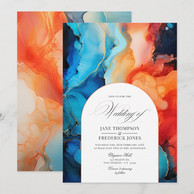Royal Blue, Turquoise & Coral Alcohol Ink Wedding Invitation (Front/Back)