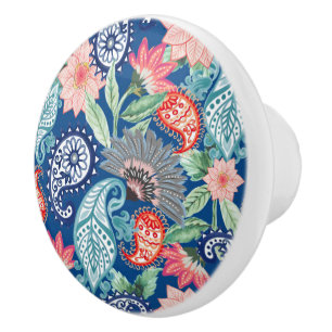 Royal Blue Turquoise Orange Floral Vintage Paisley Ceramic Knob
