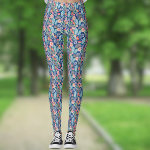 Royal Blue Turquoise Orange Floral Vintage Paisley Leggings