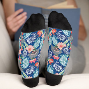 Royal Blue Turquoise Orange Floral Vintage Paisley Socks
