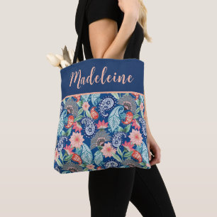Royal Blue Turquoise Orange Floral Vintage Paisley Tote Bag