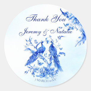 Royal blue Victorian peacock watercolor wedding Classic Round Sticker