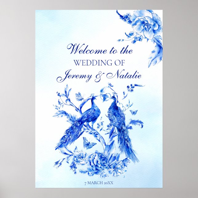 Royal blue victorian peacock watercolor wedding poster (Front)