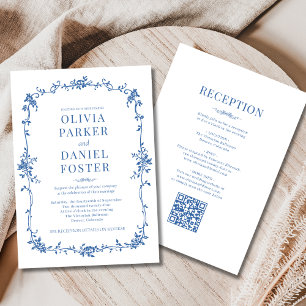 Royal Blue Victorian QR Code All in One Wedding Invitation