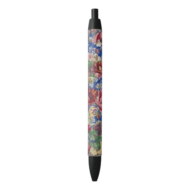 Royal Blue Victorian Rose Ornamental Pattern Black Ink Pen (Front Vertical)