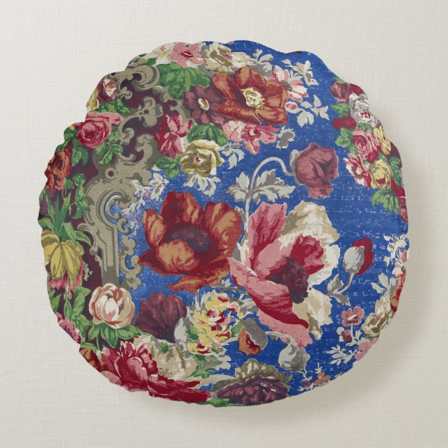 Royal Blue Victorian Rose Ornamental Pattern Round Cushion (Front)