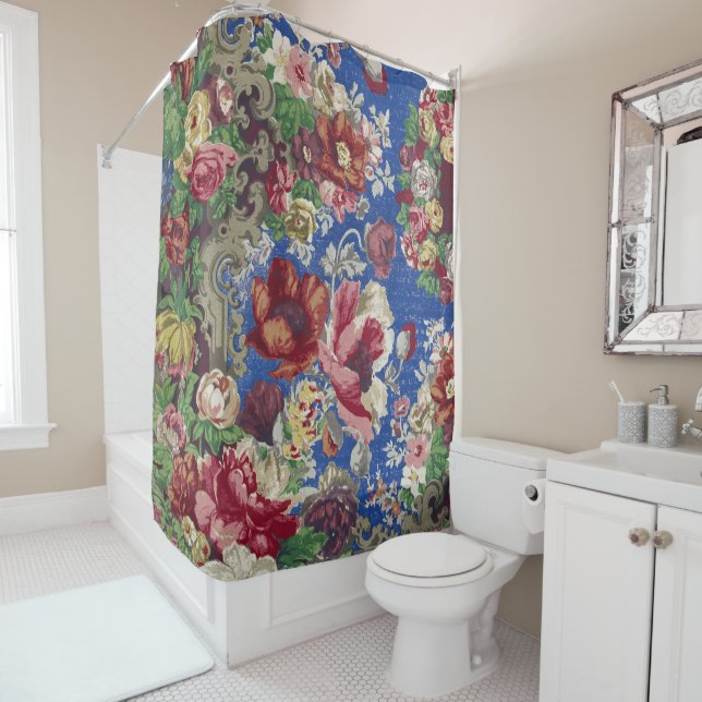 Royal Blue Victorian Rose Ornamental Pattern Shower Curtain (In Situ)