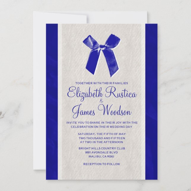 Royal Blue Vintage Bow & Linen Wedding Invitations (Front)