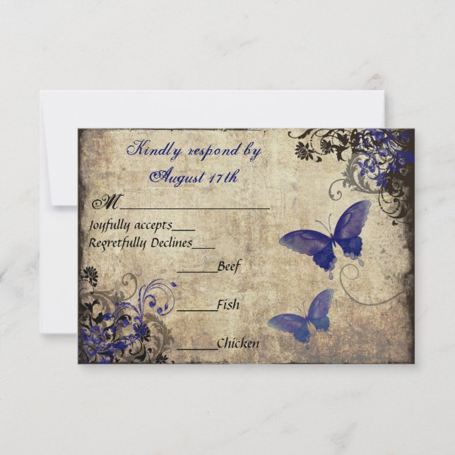 Royal Blue Vintage Butterfly RSVP Card (Front)