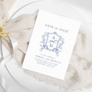 Royal Blue Vintage Crest Save the Date Invitation