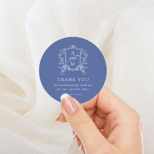 Royal Blue Vintage Crest Wedding Thank You Classic Round Sticker