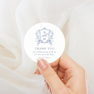 Royal  Blue Vintage Crest Wedding Thank You Classic Round Sticker