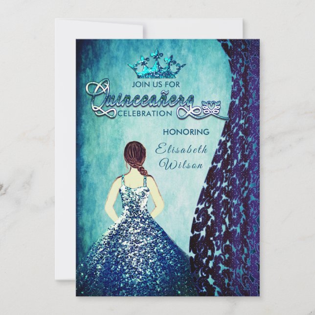 Royal blue vintage dress damask tiara Quinceañera  Invitation (Front)