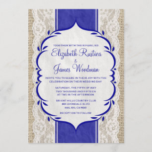 Royal Blue Vintage Linen Burlap Wedding Invitation
