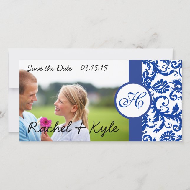Royal Blue Vintage Modern Damask Save the Date (Front)
