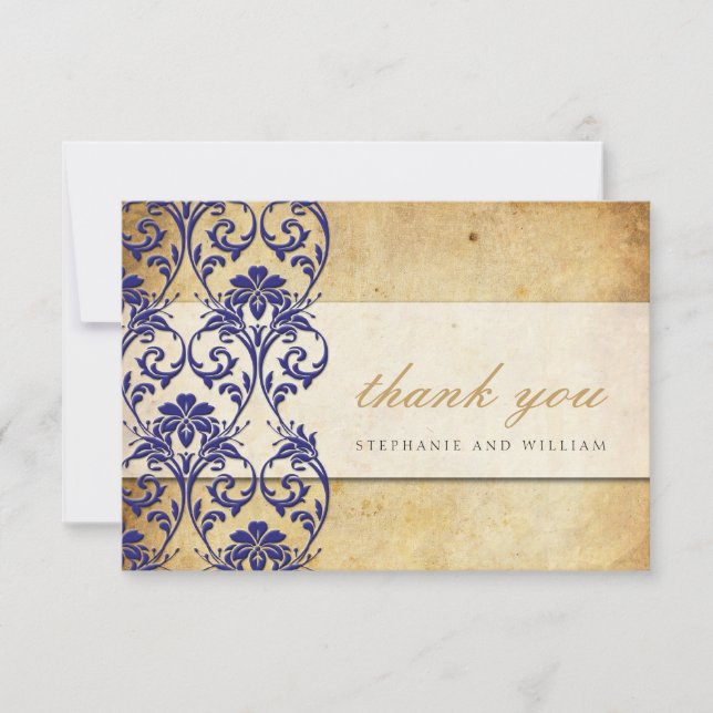 Royal Blue Vintage Swirl Wedding Thank You Card (Front)
