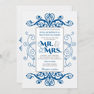 Royal Blue Vintage Swirls Mr. and Mrs. Wedding Invitation